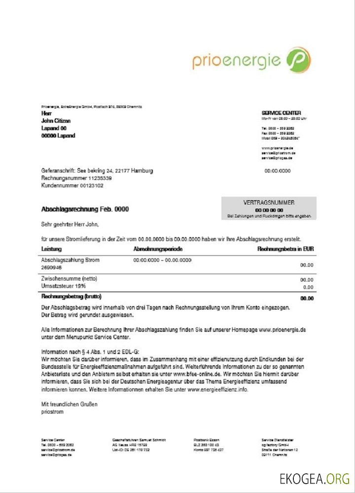 Germany Prioenergie proof of address utility bill